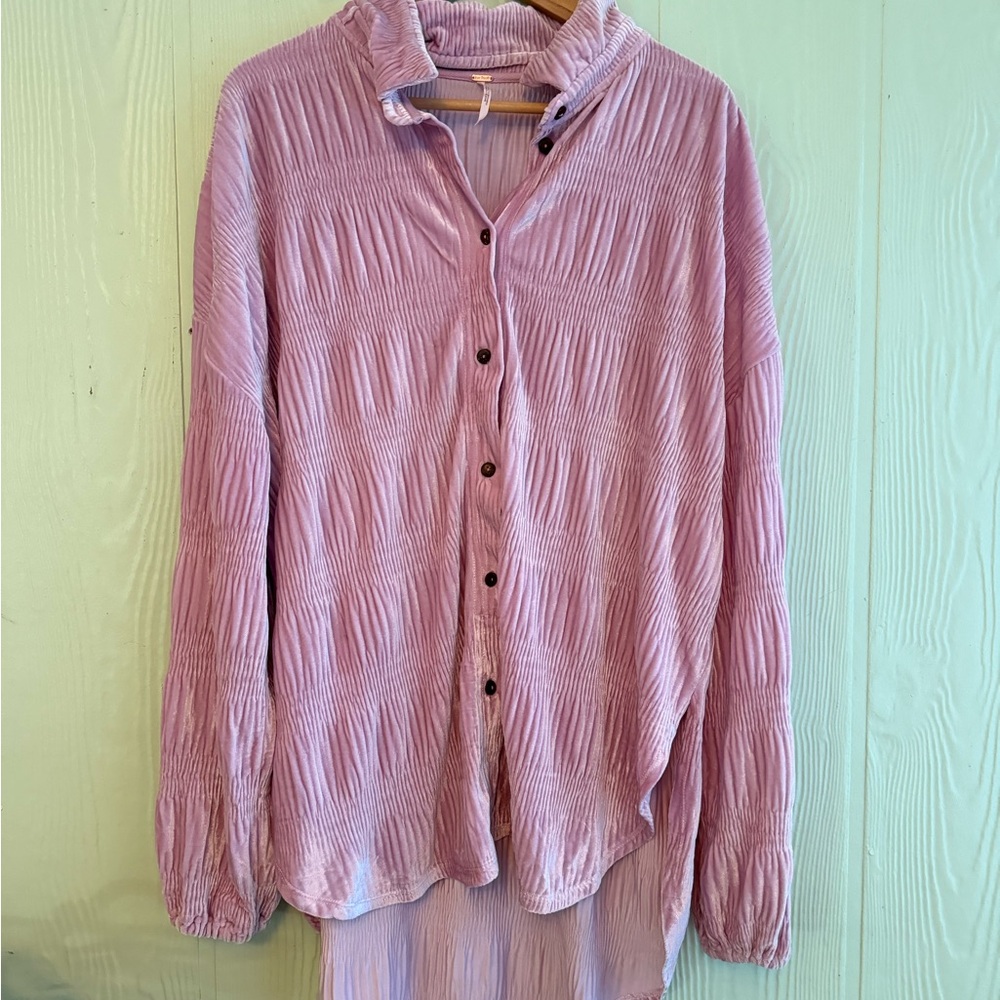 Free People Pink Button Down Shirt with Mandarin Collar